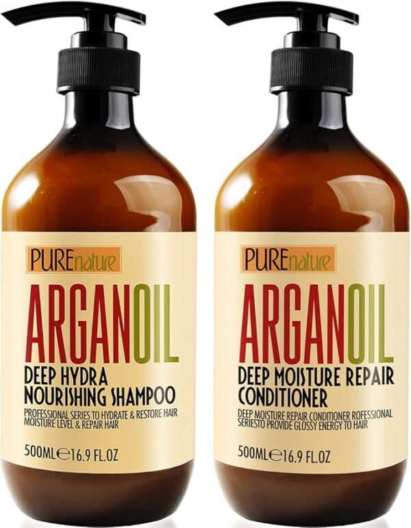 Argan Oil Shampoo and Conditioner Set - Sulfate Free Moroccan Care with Keratin - For Curly, Straight