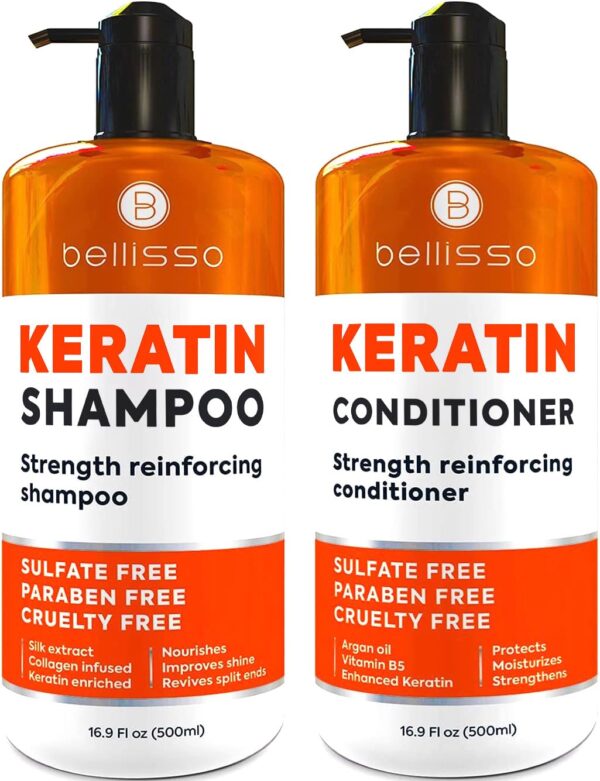 Keratin Shampoo and Conditioner Set - Sulfate and Paraben Free - Salon Thickening Treatment for Dry