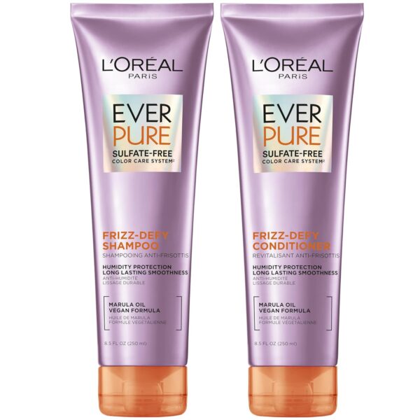 L'Oreal Paris Frizz Defy Shampoo and Conditioner Set, Frizz Control Hair Care with Marula Oil