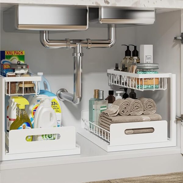 REALINN Under Sink Organizer, Pull Out Cabinet Organizer 2 Tier Slide Out Sink Shelf Cabinet Storage Shelves
