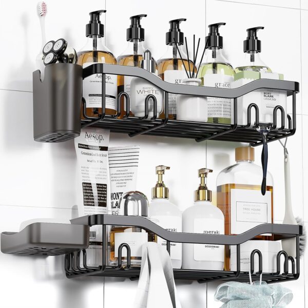 Shower Caddy Adhesive Shower Organizer Bathroom Shower Shelves, Shelf for Inside Shower Storage with Soap Dish&16 Hooks