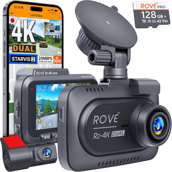 ROVE R2-4K DUAL Dash Cam Front and Rear, STARVIS 2 Sensor, FREE 128GB Card Included, 5G WiFi - up to 20MB/s Fastest Download Speed