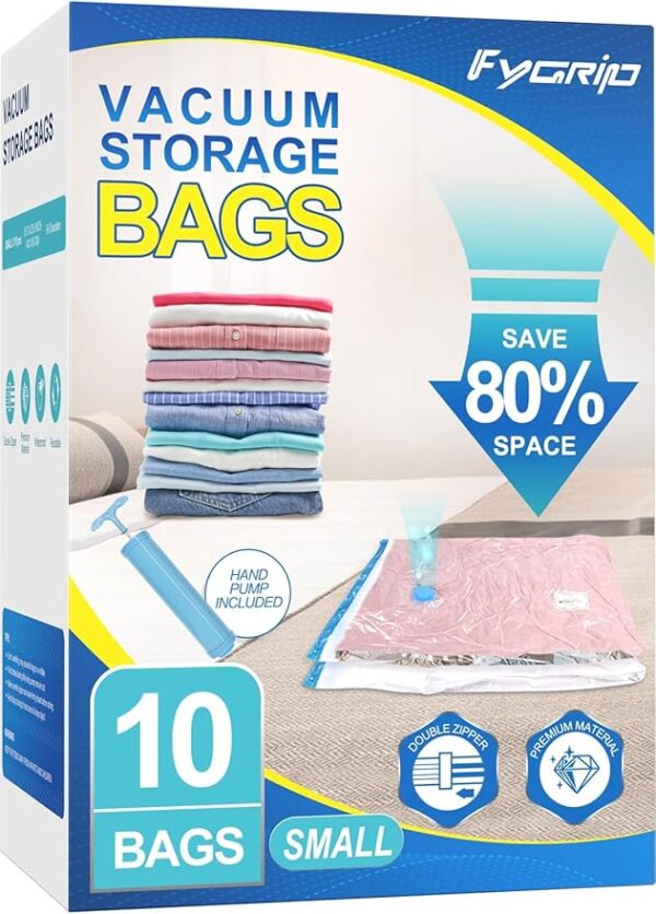 10 Pack Small Vacuum Storage Bags with Hand Pump, Plastic Packaging Bags, 80% Space Saver Vacuum Seal Bags for Clothing