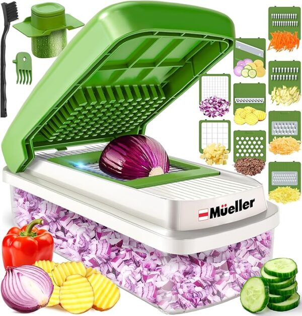 Mueller Vegetable Chopper 9 Blade, Mandoline Slicer, Food Veggie Chopper, Cheese Grater, Onion Vegetable Cutter with Container
