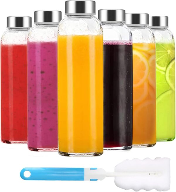 Clear Glass Bottles with Lids 18 oz, Reusable Glass Water Bottles with Stainless Steel Cap