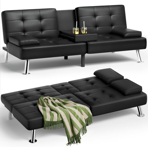 Homall Futon Sofa Bed, Leather Futon Couch with Removable Armrests