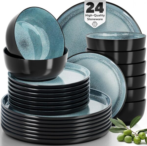24 Piece Dinnerware Sets for 8 - Modern Style Stoneware Dinnerware Set - Scratch Resistant