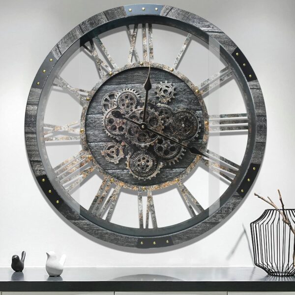 DORBOKER 27" Real Moving Gears Large Wall Clock with Toughened Glass Cover, Giant Wood Farmhouse Clock